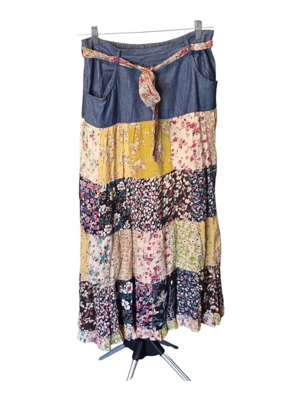 Bohemian Patchwork Floral Maxi Skirt with Denim Waistband - Yellow Multi